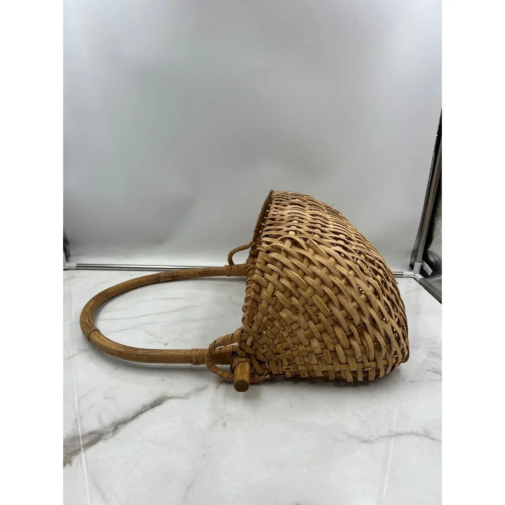 VTG Wicker Gathering Basket Hanging Peg Bentwood Handle Rustic Garden Brown